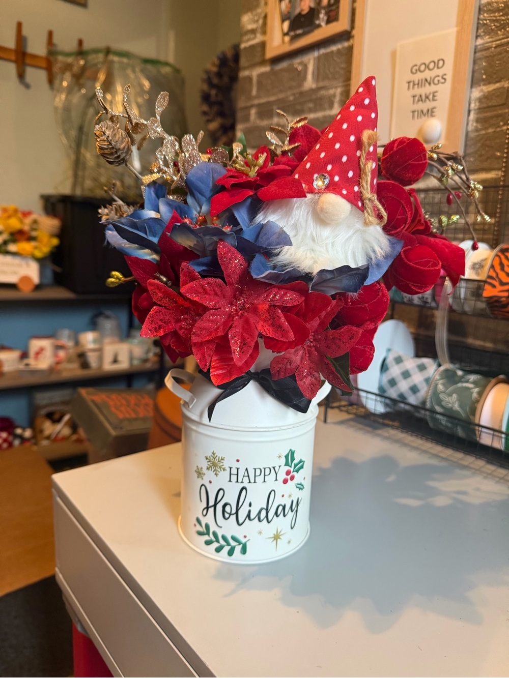 Hand Crafted Red & Blue Holiday Gnome Floral Tin